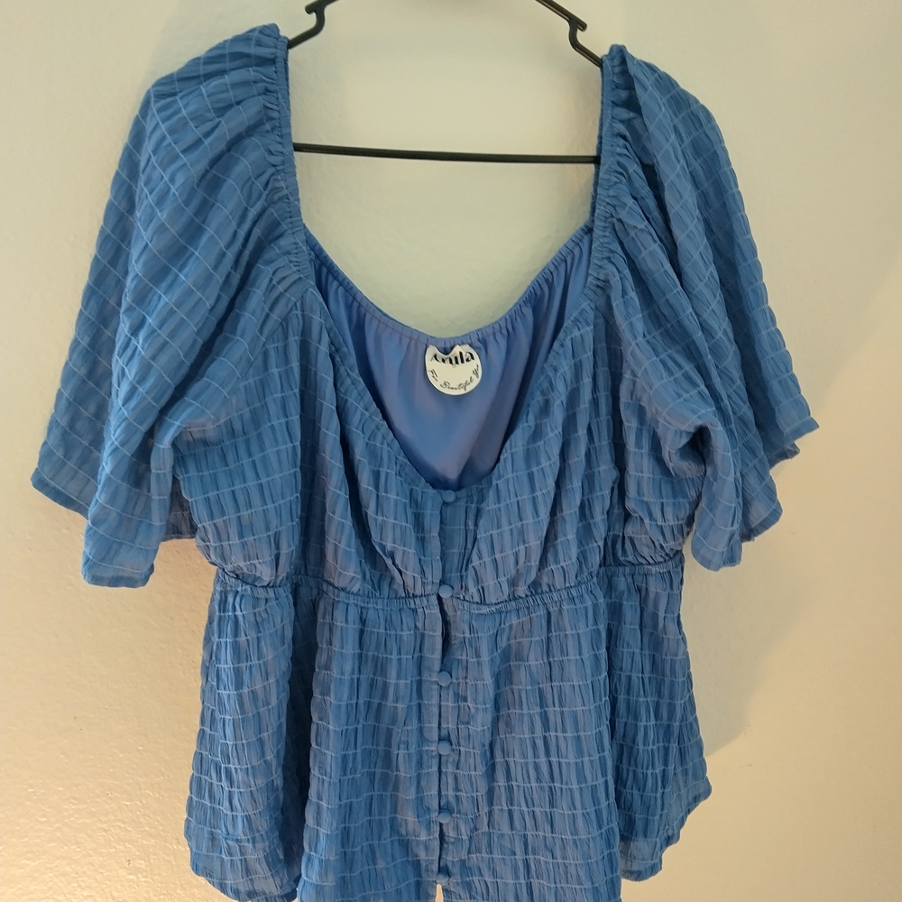ARULA Blue Textured Peasant Blouse
